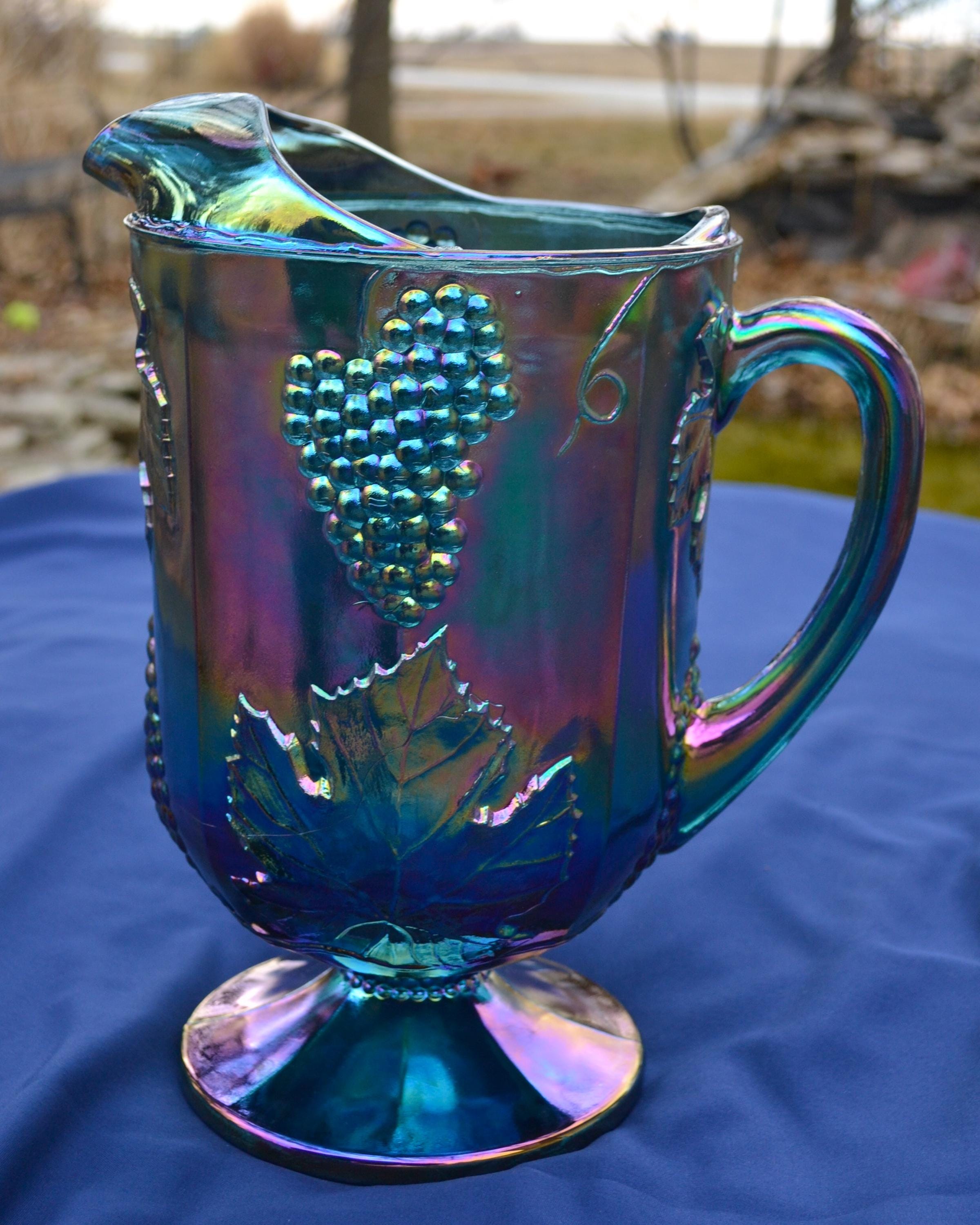 Iridescent Blue Carnival Glass Pitcher: Harvest Grape Design - Etsy