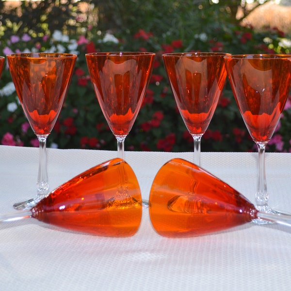 Heisey Duquesne Tangerine Water Goblets,  Heisey Tangerine Duquesne Optic Wine Glasses
