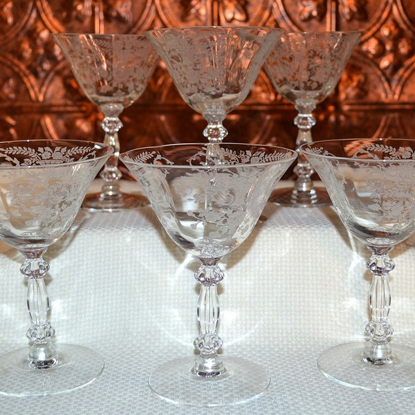 Cambridge Glass Portia Clear Etched Crystal Sherbets, Cambridge Glass Etched Champagne Glasses