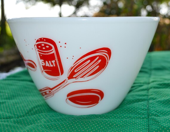 Vintage Fire King Kitchen Aids Mixing Bowl: Red Utensil Graphics