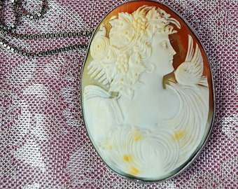 Vintage Large Cameo Silver Pendant, Cameo and Silver Necklace