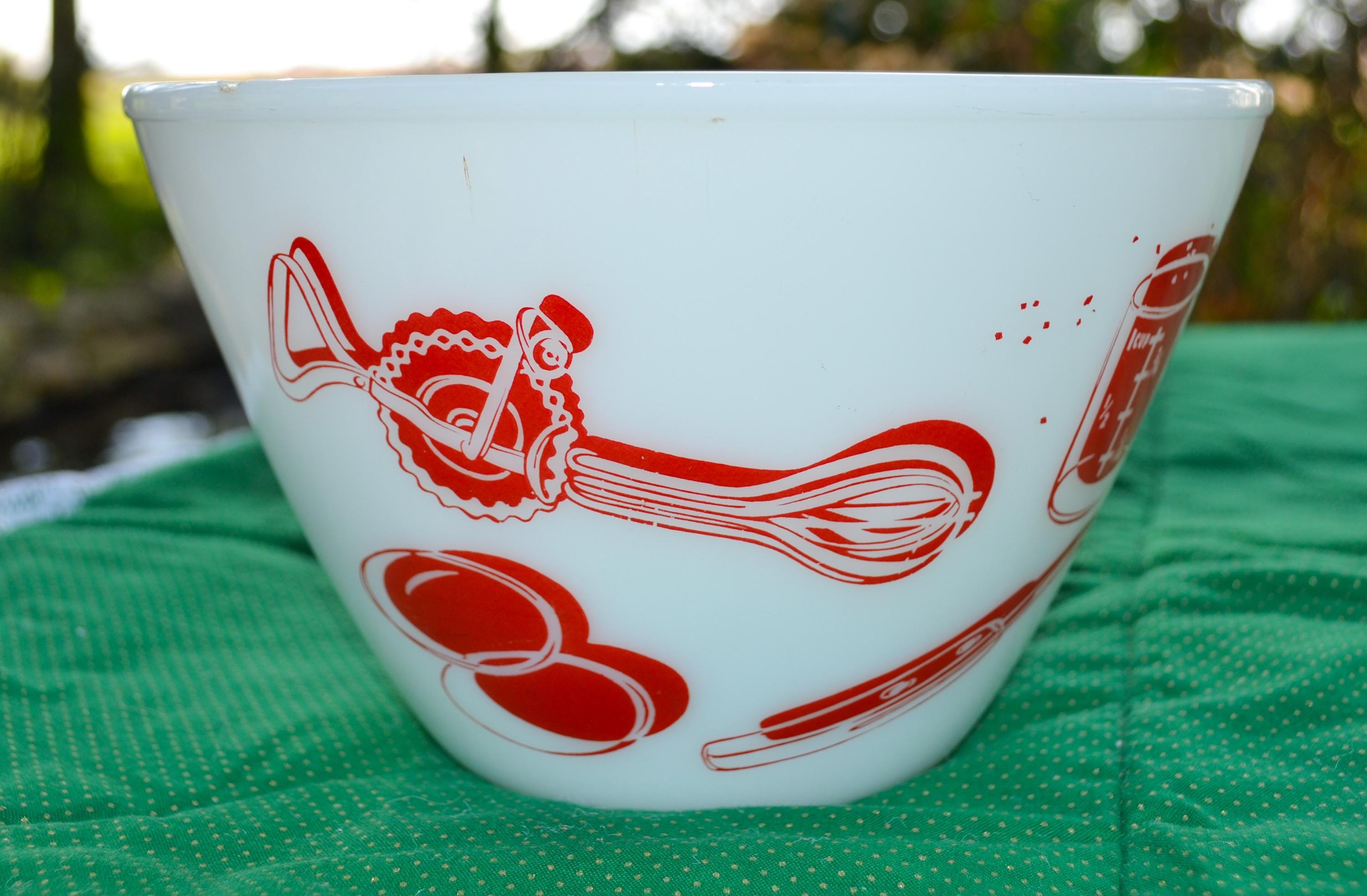 Vintage Fire King Kitchen Aids Mixing Bowl: Red Utensil Graphics