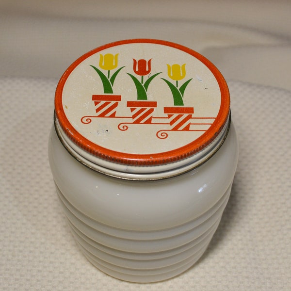 Fire King Ribbed Glass Grease Jar, Anchor Hocking Beehive Tulip Grease Jar, Anchor Hocking Ivory Glass Grease Jar