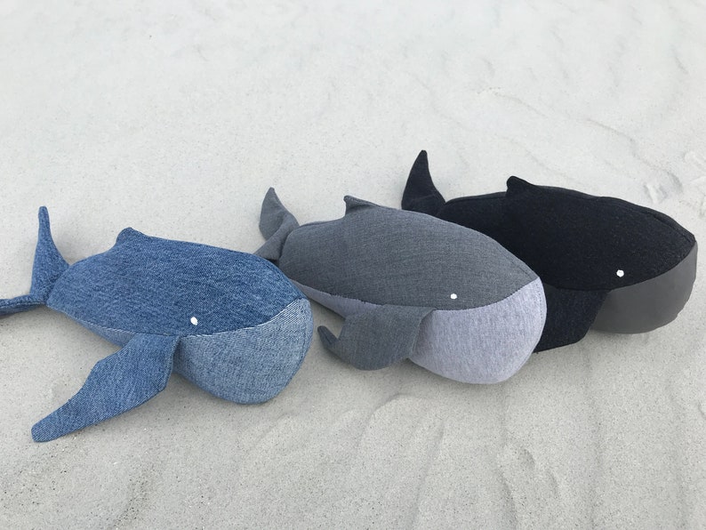 Blue Jean Whales. Pinstripe, Khaki, and Orca styles too. Made in Haiti. Nautical nursery. Baby gifts. Denim whale. image 2