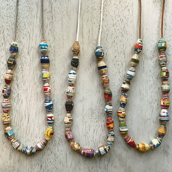 Cereal Box Bead Necklaces. Haitian jewelry. 14 color options. Colorful chunky necklace. Paper bead. Gift for girls. Fair trade. Gift for mom