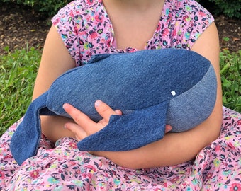 Blue Jean Whales. Pinstripe, Khaki, and Orca styles too. Made in Haiti. Nautical nursery. Baby gifts. Denim whale.