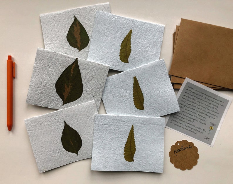 Leaf Stationery. Made in Haiti. Sets of 6. Handmade paper. Botanical stationery. Folded note cards. Plant lover. Blank cards. Paper goods. image 1