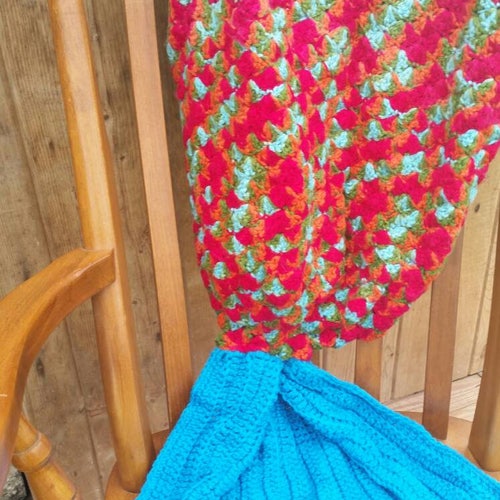 Mermaid Tail Blanket, Adult 38 inches Long Inside Blanket, Afghan Blanket, Novelty Wear Blanket, Hand Crocheted shops Shell Stitch, Varieg. Red.