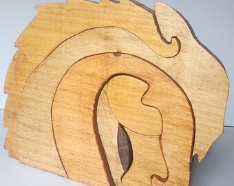 Artsy Horsehead Puzzle, Equine Decor, Shelf Art, Wooden Horse Sculpture, Horse Puzzle Art, Browns Stained Wood Puzzle, Conversation Gift.