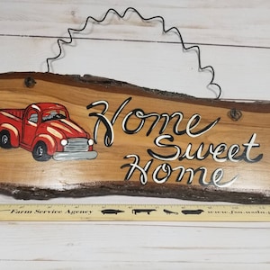 Red truck Sign, Live Edge Plum Slab Sign, Wall Decor, Home Sweet Home, Rustic Real Wood Wall Hanging, Little Red Truck, Door Decor, Wire.