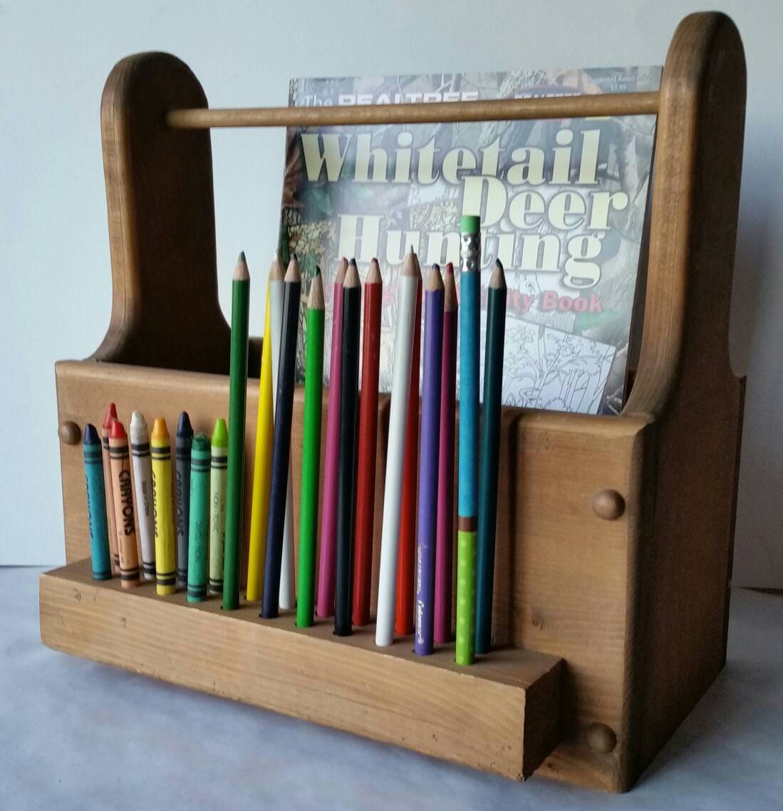 DELUXE Rotating Colored Pencil Holder Storage Organizer, Tiered Pencil Cup  Caddy With Stub Cups, Wood, Holds 260 Pencils Pens. Made in USA 