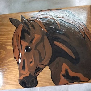 Horse Storage Box, Wooden Box w Lid, Treasure Storage, Book Box, Writing Table Tote, Bench, Step Stool, Hand painted, Foot Stool, Horse Head
