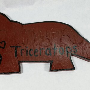 Triceratops Wooden Puzzle, Hand Painted Puzzle, Dinosaur Puzzle, Kids Puzzle, Burgundy With Dinosaur Name, Puzzle Fun, Toy, Lays Flat, Wood.