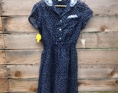 70s dead stock blue floral calico prairie dress with lace collar and pocket square and shirred waist - size 12