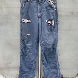 Vintage 70-80-tals Big Ben Wrangler Carpenter Work Jeans Distressed Thrashed Flanellfodrad Grunge 84 cm midja bild 1