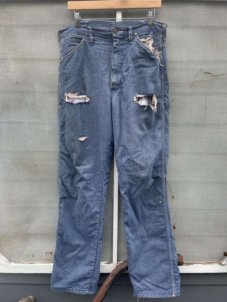 Vintage 70-80-tals Big Ben Wrangler Carpenter Work Jeans Distressed Thrashed Flanellfodrad Grunge 84 cm midja bild 1