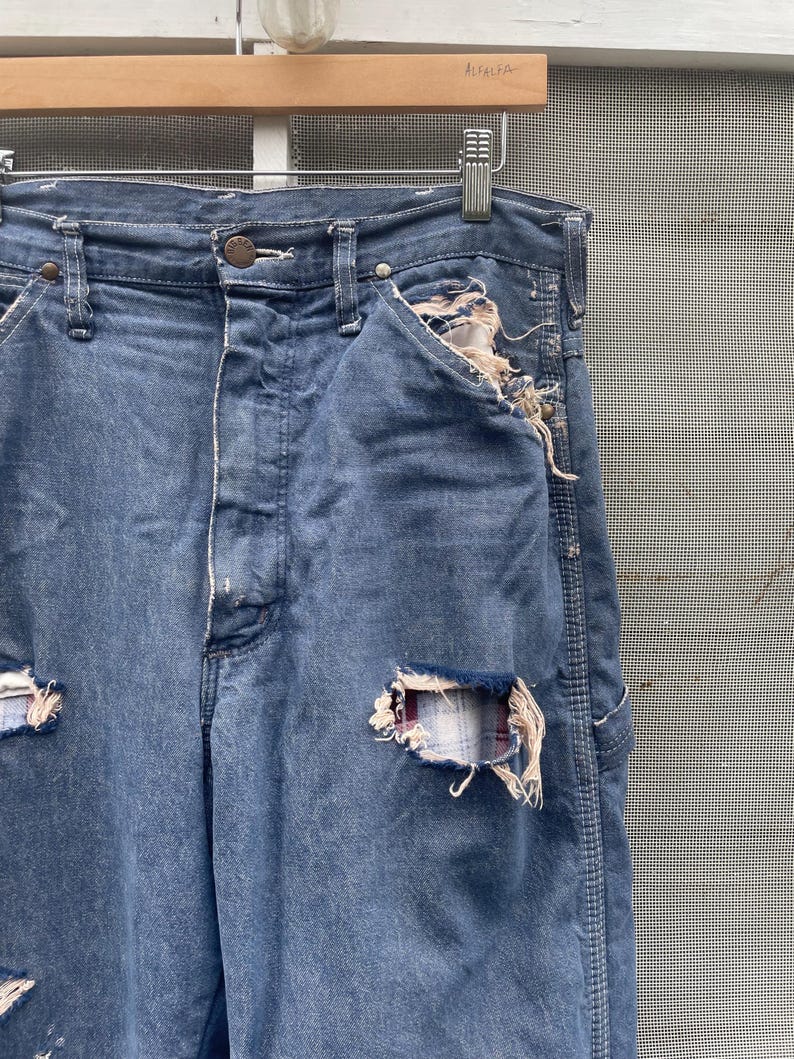 Vintage 70-80-tals Big Ben Wrangler Carpenter Work Jeans Distressed Thrashed Flanellfodrad Grunge 84 cm midja bild 2