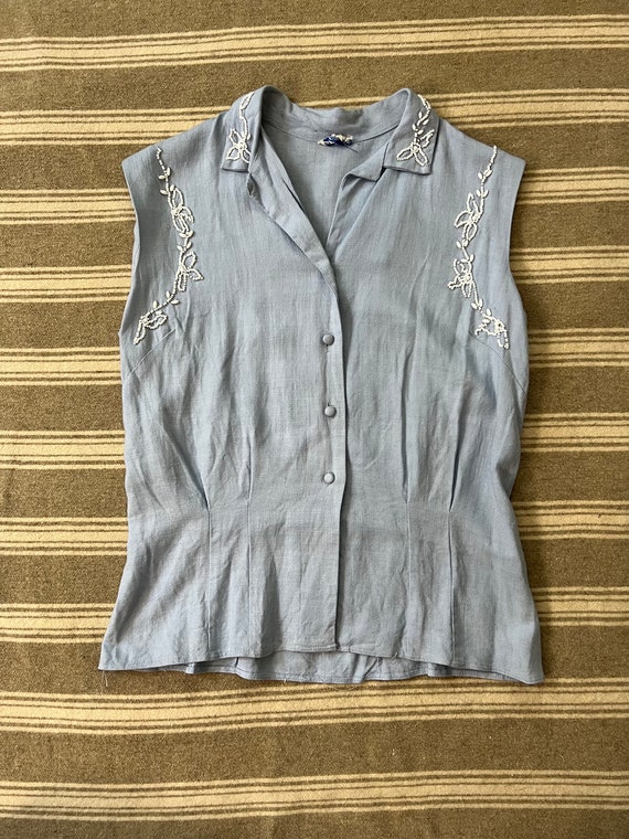 50s light blue beaded Vanity sleeveless blouse