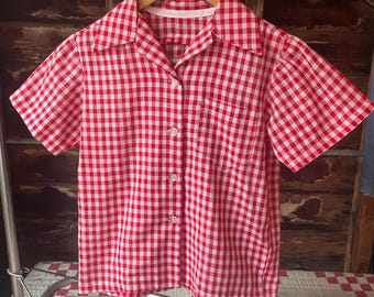 Vintage 50s Homemade Gingham Button Up Blouse Shirt Cat Eye Buttons 1950s Rockabilly