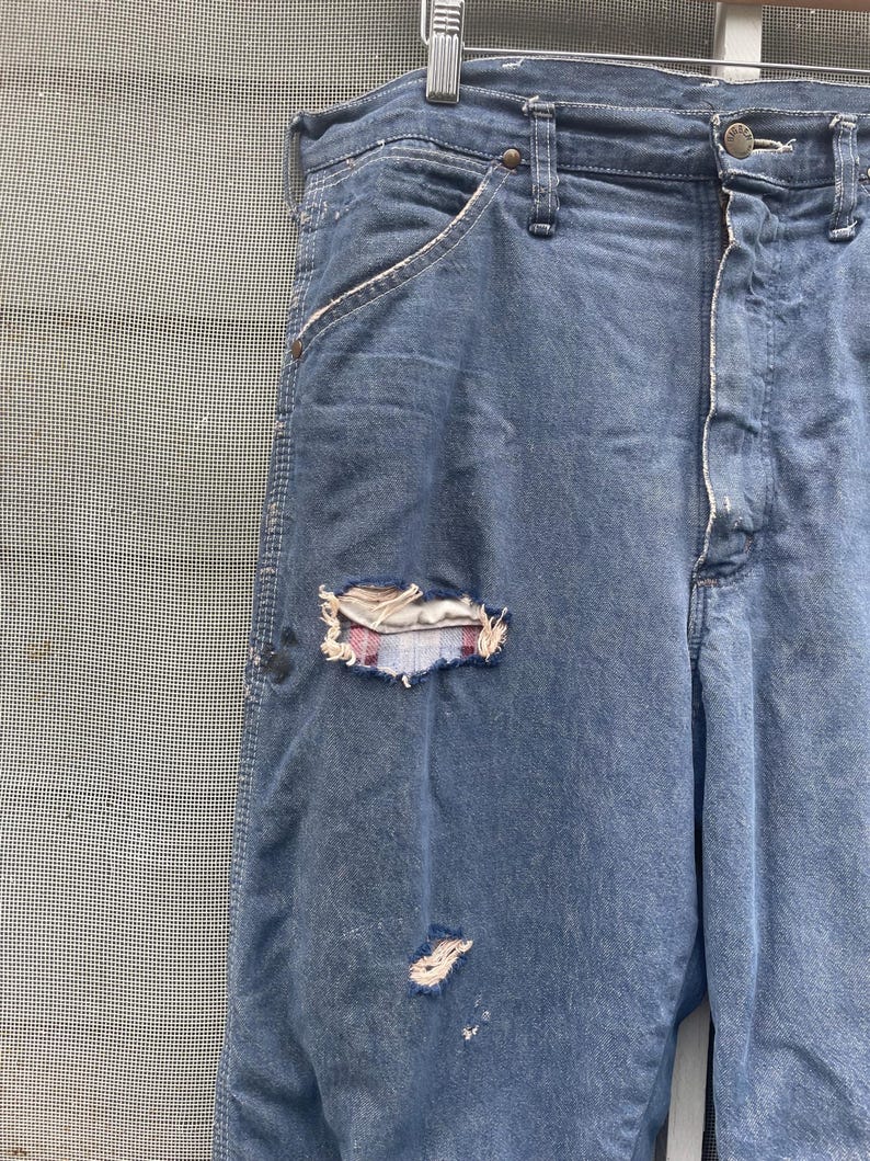 Vintage 70-80-tals Big Ben Wrangler Carpenter Work Jeans Distressed Thrashed Flanellfodrad Grunge 84 cm midja bild 5