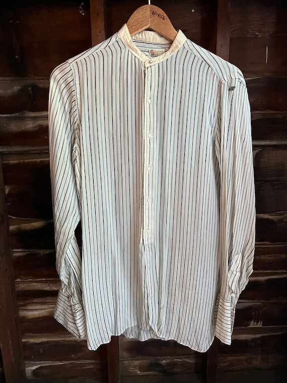 Antique 1910s Biltmore silk blue striped men’s button down dress shirt