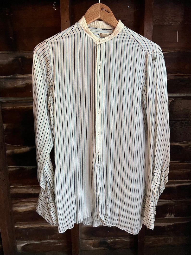 Antique 1910s Biltmore silk blue striped men’s button down dress shirt image 1