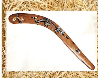 Unieke traditionele handgeschilderde gehaakte jachtboemerang - zwart lelhout - slechts één. BF1