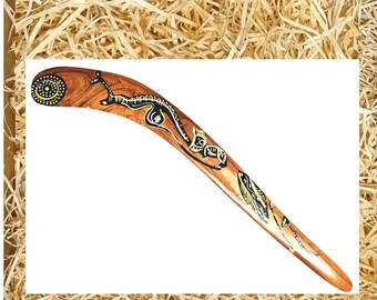 Unieke traditionele handgeschilderde gehaakte jachtboemerang - zwart lelhout - slechts één. BF3