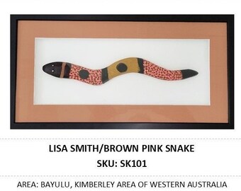 Australian Aboriginal hand painted and carved wooden snake in a frame