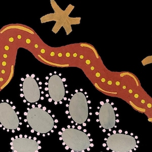 May include: A vibrant, abstract painting on a black background. A red and yellow snake-like form winds across the canvas, dotted with yellow circles. Several star-shaped figures and oval shapes with pink and white dots complete the design.