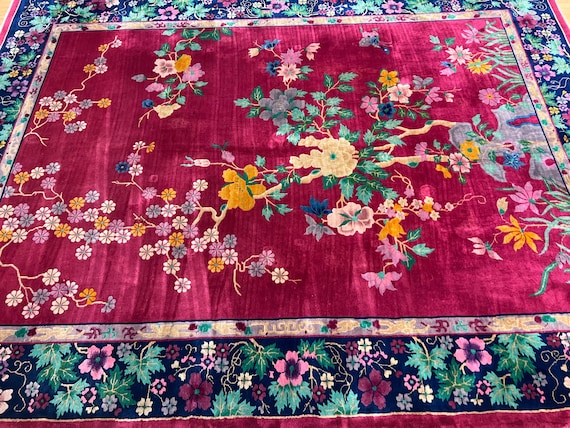 8'8" x 11'3" Antique Chinese Art Deco Oriental Rug - 1920s - Hand Made