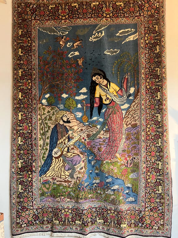 6' x 9' Indian Omar Khayyam Oriental Rug - 1960s - Pictorial - Hanging Rug