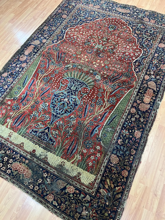 4'4" x 6'4" Antique Indian Oriental Rug - 1850s - Hand Made - 100% Wool