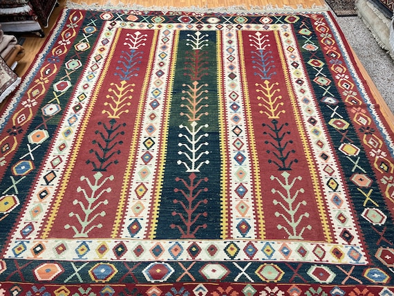 10' x 10' Square Turkish Kilim Oriental Rug - Flat Weave - Hand Made - 100% Wool