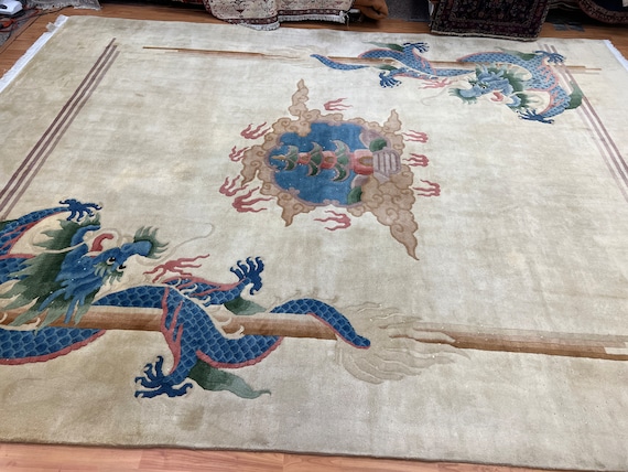 9' x 12' Chinese Dragon Oriental Rug - 1950s - Hand Made - 100% Wool - Full Pile