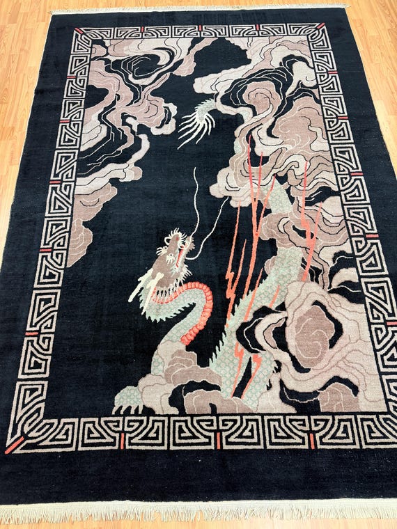 6'1" x 9' Antique Chinese Art Deco Oriental Rug - 1920s - Dragon - Hand Made