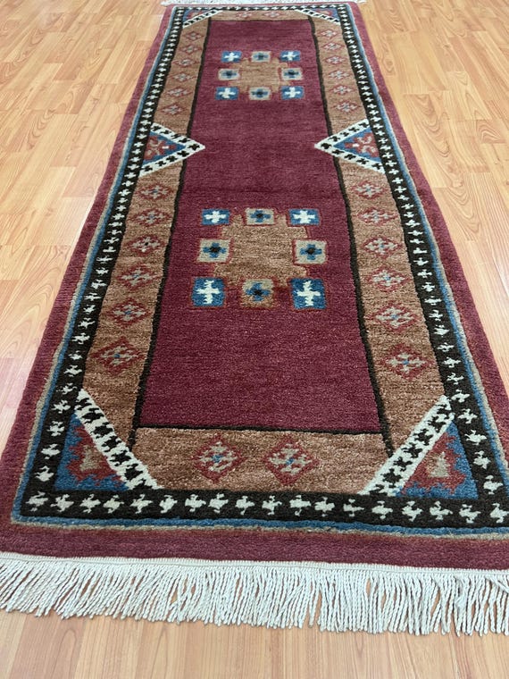 2'2" x 6' Nepal Tofangiyan Collection Kazak Design Oriental Rug - Hand Made - 100% Wool