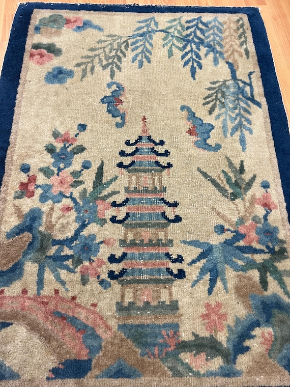 2'1" x 3' Antique Chinese Art Deco Oriental Rug - 1910s - Hand Made - 100% Wool