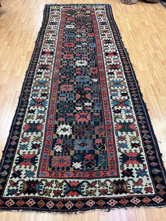 4'3" x 11'8" Antique Russian Kazak Floor Runner Oriental Rug - 1890s - Hand Made