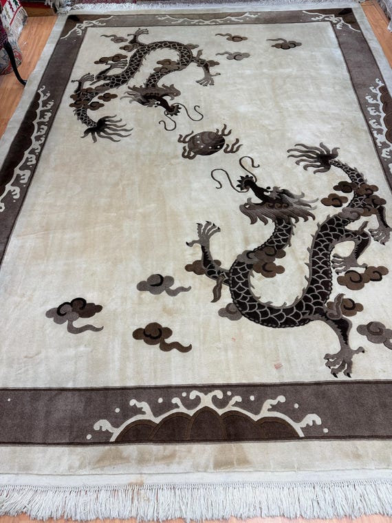 9' x 12'3" Chinese Art Deco Oriental Rug - Dragon Design - 100% Wool - Hand Made