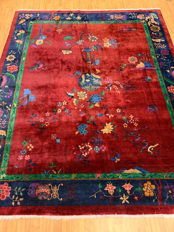 8' x 9'9" Antique Chinese Art Deco Oriental Rug - 1920s - Hand Made - 100% Wool