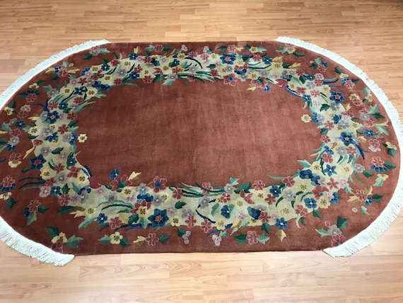 4'10" x 8' Antique Oval Chinese Art Deco Oriental Rug - 1930s - Hand Made - 100% Wool