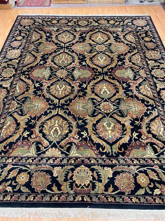 8'1" x 10'1" Indian Agra Oriental Rug - Black - Hand Made - 100% Wool