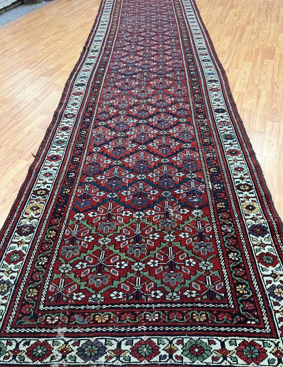 3'2" x 13'6" Antique Russian Kazak Floor Runner Oriental Rug - 1890s - Hand Made