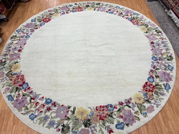 9'6" x 9'6" Round Indian Art Deco Oriental Rug - Hand Made - 100% Wool