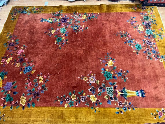 8'8" x 11'10" Antique Chinese Art Deco Oriental Rug - 1920s - Hand Made