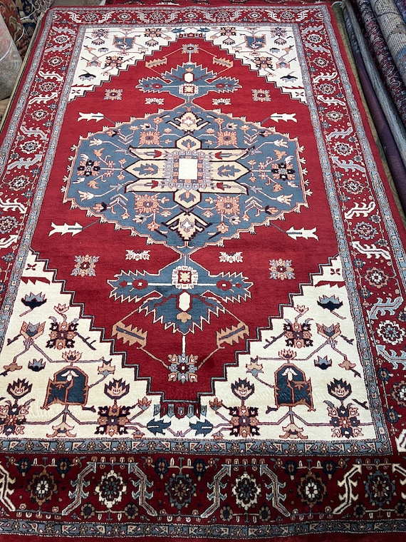 6' x 9'7" New Indian Heriz Design Oriental Rug - Hand Made - 100% Wool