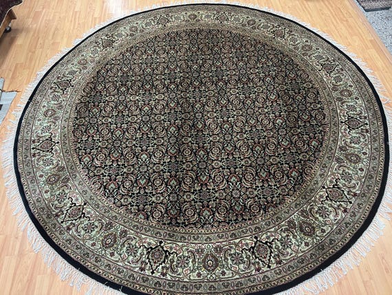 8' x 8' Round Indian Herati Oriental Rug - Black - Hand Made - 100% Wool