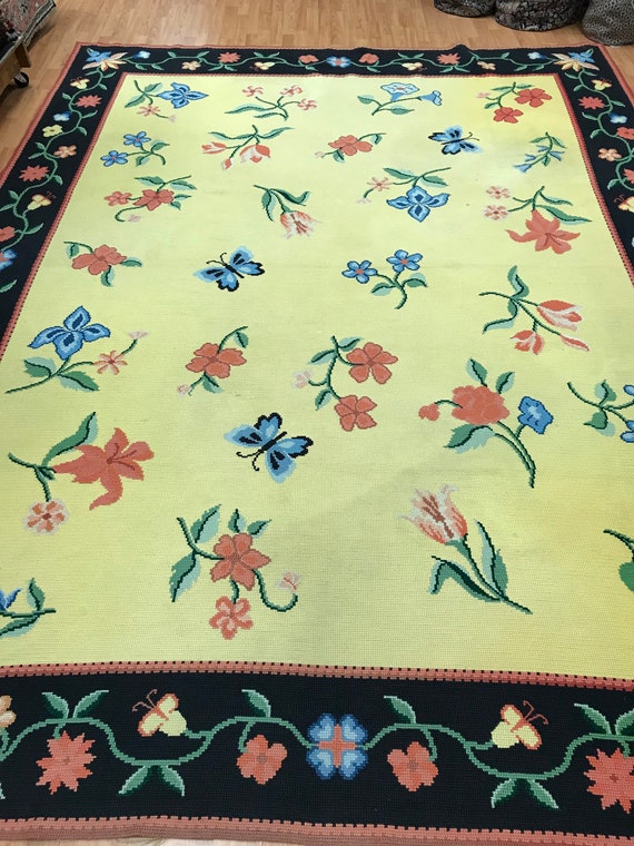 8'7" x 11'4" American Stitch Work Oriental Rug - Yellow - Flat Weave - Hand Made