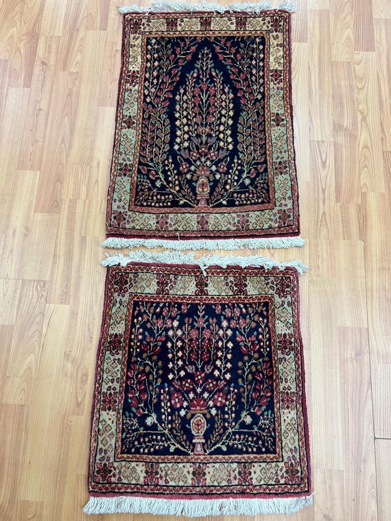 Set of 2: 1'6" x 1'7" and 1'7" x 2'3" Antique Indian Oriental Rug - 1930s - Hand Made - 100% Wool